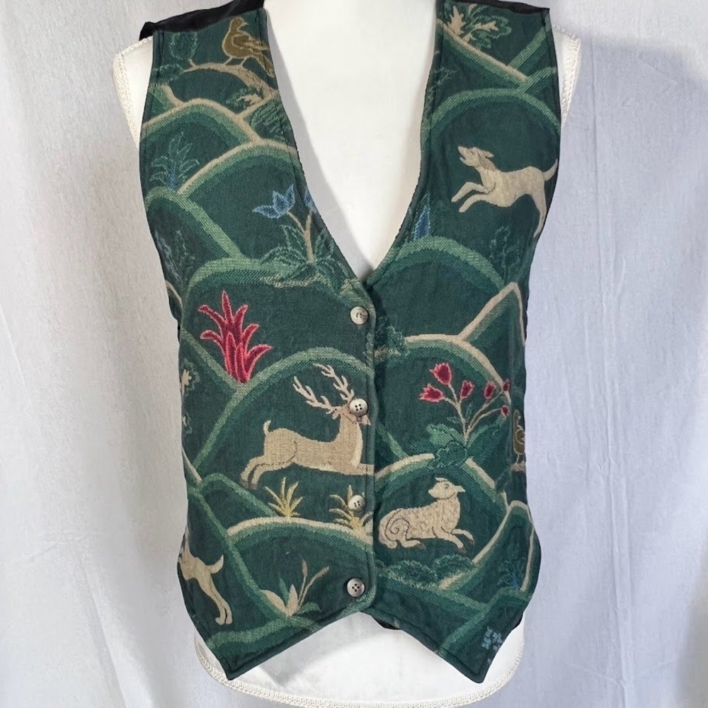 Cactus Flower Vintage Tapestry Vest Forest Green Woodland Deer Dog Sheep Sz M